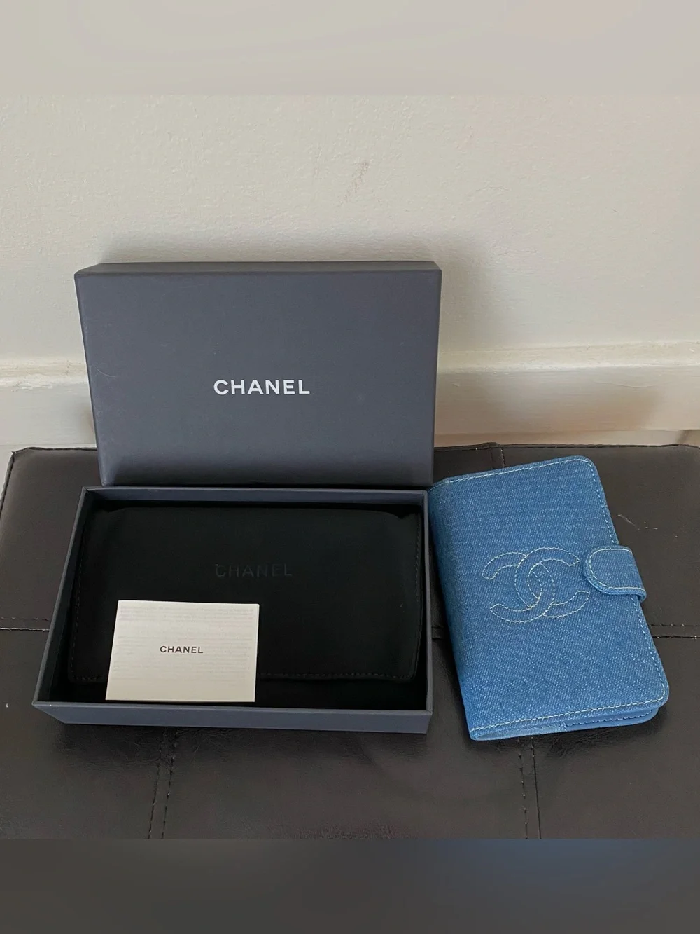 New in Box Chanel GWP CC Logo Blue Denim Passport Holder Travel Wallet